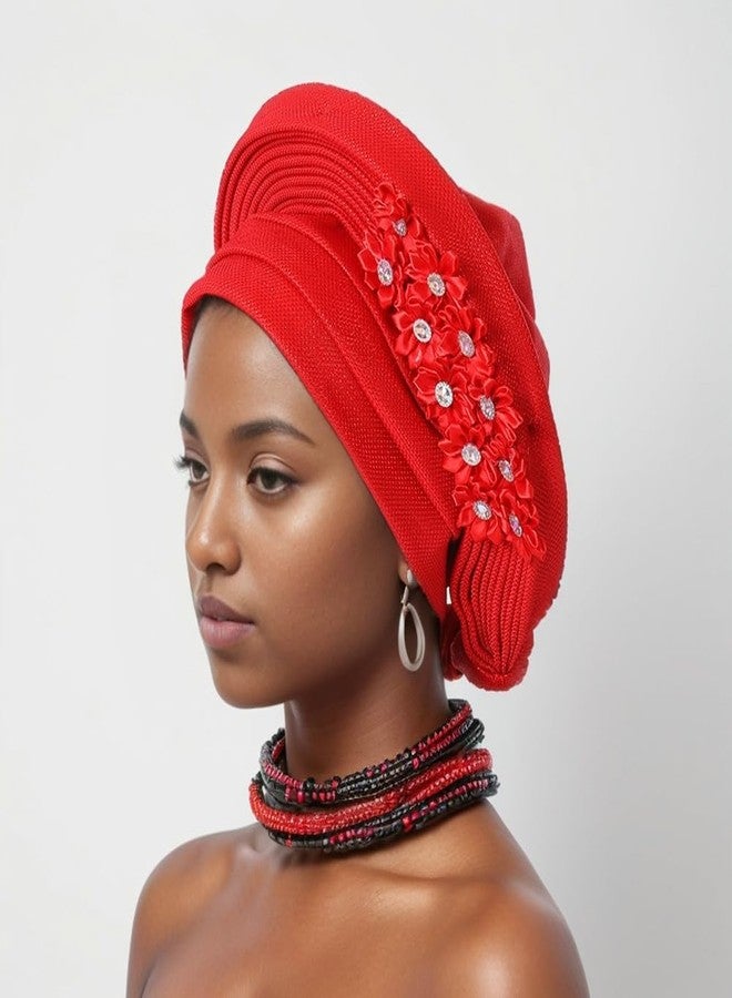 URAWOW Auto Gele Floral African Head Tie of Nigeria Aso Oke Headwraps Turban Wedding Party Flower Headwear Hijab for Women - Image 2